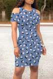 Blue Celebrities Print Hollow Out Patchwork O Neck Wrapped Skirt Dresses