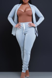 Blue Casual Solid Color Lace Up Patchwork Turn-back Collar Long Sleeve Two Pieces