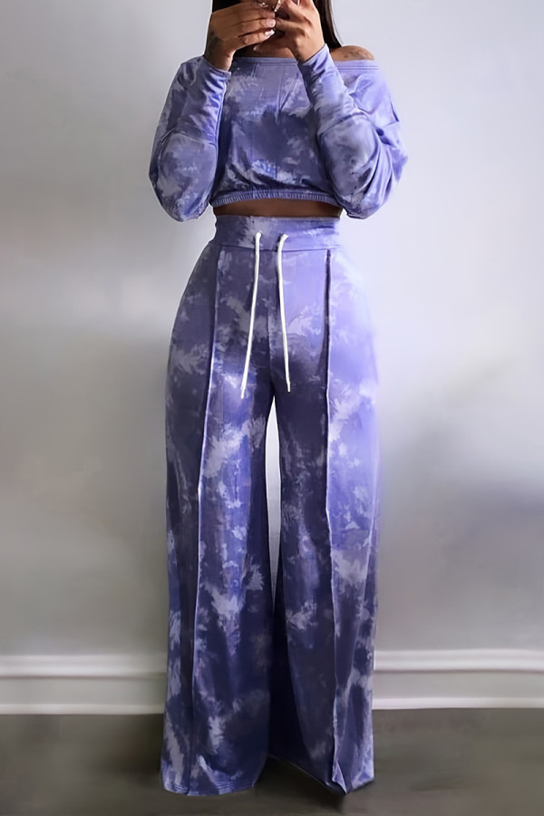 Blue Casual Tie Dye Draw String Patchwork O Neck Long Sleeve Two Pieces