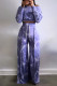 Blue Casual Tie Dye Draw String Patchwork O Neck Long Sleeve Two Pieces