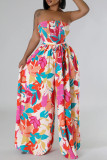 Colour Celebrities Print Patchwork Ruched Strap Design Strapless Loose Jumpsuits