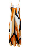 khaki Brown Elegant Print Patchwork Backless Spaghetti Strap Sling Dresses