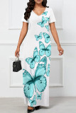 Red Elegant Print Patchwork V Neck Long Dresses