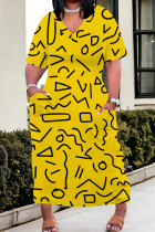 Yellow Casual Print Pocket Patchwork V Neck Straight Plus Size Dresses
