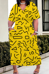 Yellow Casual Print Pocket Patchwork V Neck Straight Plus Size Dresses