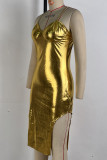Gold Street Solid Color Patchwork Backless Slit Spaghetti Strap Long Dresses