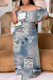 Grey Casual Print Patchwork Off Shoulder Long Plus Size Dresses