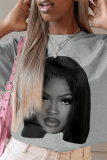 Light Gray Casual Street Figure Print O Neck T-Shirts