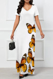 Red Elegant Print Patchwork V Neck Long Dresses