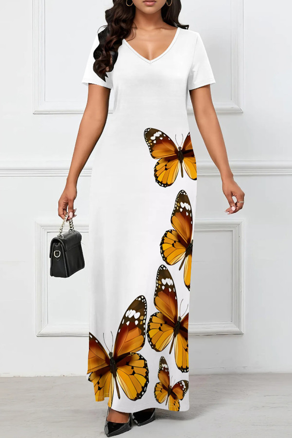 Yellow Elegant Print Patchwork V Neck Long Dresses