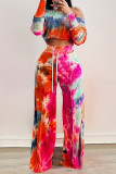 Red Casual Tie Dye Draw String Patchwork O Neck Long Sleeve Two Pieces