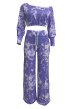 Red Casual Tie Dye Draw String Patchwork O Neck Long Sleeve Two Pieces