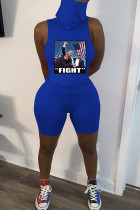 Royal Blue Sexy Print Patchwork Turtleneck Sleeveless Two Pieces