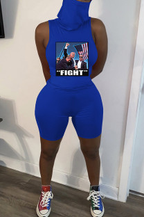 Royal Blue Sexy Print Patchwork Turtleneck Sleeveless Two Pieces