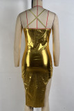 Gold Street Solid Color Patchwork Backless Slit Spaghetti Strap Long Dresses