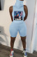 Baby Blue Sexy Print Patchwork Turtleneck Sleeveless Two Pieces
