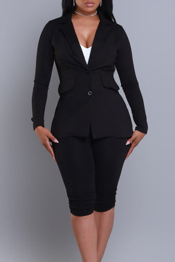 Black Casual Solid Color Buttons Patchwork Turn-back Collar Long Sleeve Two Pieces