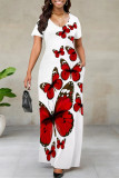 Red Elegant Print Patchwork V Neck Long Dresses