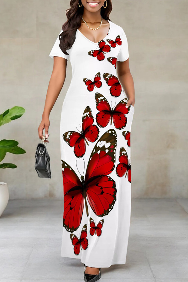 Red Elegant Print Patchwork V Neck Long Dresses