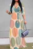 Milky Elegant Print Patchwork Strap Design V Neck Long Dresses