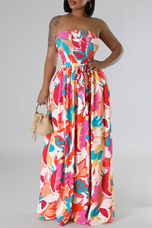 Colour Celebrities Print Patchwork Ruched Strap Design Strapless Loose Jumpsuits