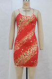 Red Sexy Print Patchwork Backless Halter Wrapped Skirt Dresses