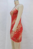 Red Sexy Print Patchwork Backless Halter Wrapped Skirt Dresses