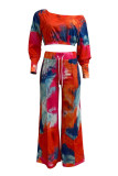 Red Casual Tie Dye Draw String Patchwork O Neck Long Sleeve Two Pieces