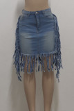 Baby Blue Street Solid Color Fringed Trim Pocket Buttons Patchwork Zipper A Line Plus Size