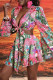 Pink Sexy Print Strap Design Patchwork V Neck Long Sleeve Two Pieces