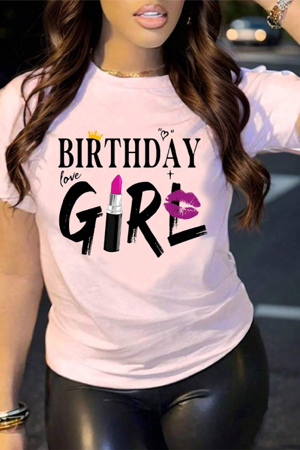 Pink SHEIN Slayr Birthday Girl Print Casual Simple Patte