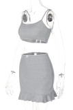 Black Sexy Solid Color Patchwork Backless Ruffled Trim Spaghetti Strap Sleeveless Two Pieces
