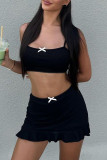 Black Sexy Solid Color Patchwork Backless Ruffled Trim Spaghetti Strap Sleeveless Two Pieces