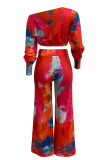 Red Casual Tie Dye Draw String Patchwork O Neck Long Sleeve Two Pieces