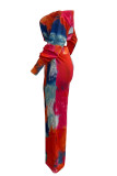 Red Casual Tie Dye Draw String Patchwork O Neck Long Sleeve Two Pieces