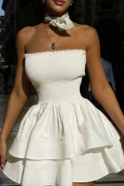 White Sexy Solid Color Patchwork Backless Ruched Strapless A Line Dresses