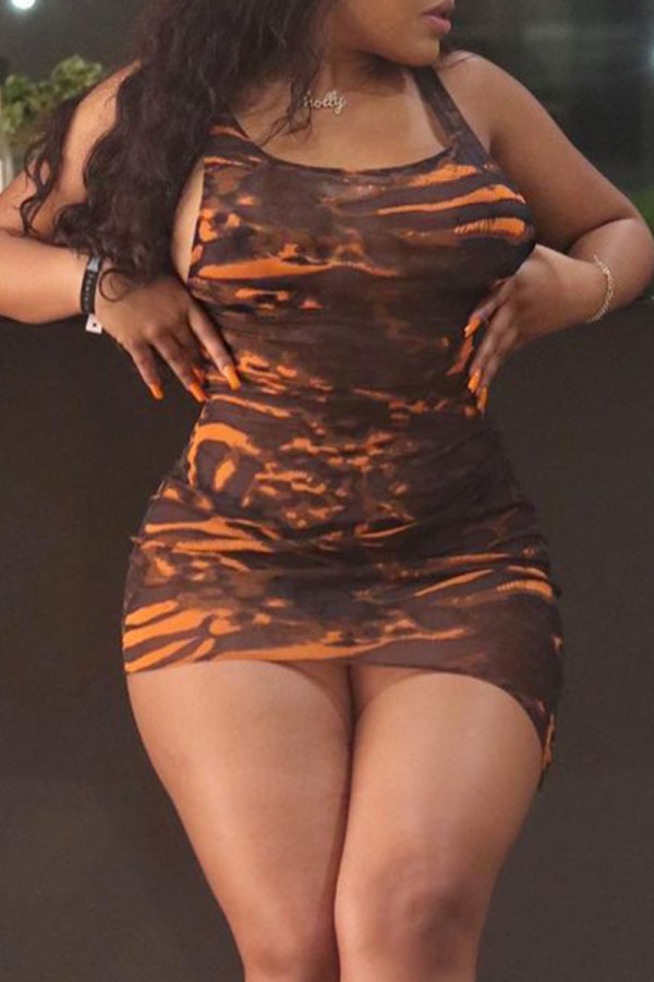 Tangerine Red Sexy Print Patchwork U Neck Wrapped Skirt Dresses