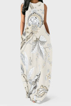 Cream White Casual Floral Print Pocket O Neck Printed Dresses