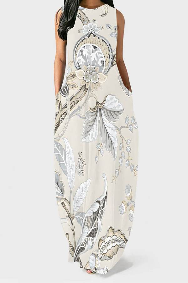 Cream White Casual Floral Print Pocket O Neck Printed Dresses