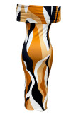 Multicolor Sexy Print Patchwork Backless Off Shoulder Wrapped Skirt Dresses