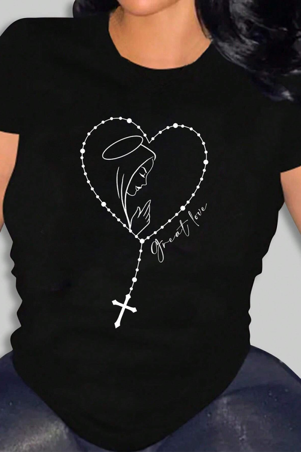 Black Casual Street Heart Pattern O Neck T-Shirts