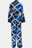 Blue Casual Print Buckle Patchwork Strap Design Turndown Collar Long Sleeve Two Pieces
