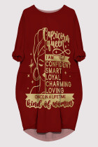 Burgundy Casual Letter Print Pocket O Neck Printed Dresses