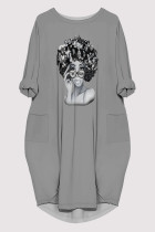 Grey Casual Figure Print Pocket O Neck Printed Dresses