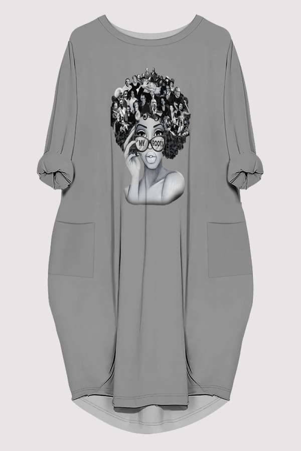 Grey Casual Figure Print Pocket O Neck Printed Dresses