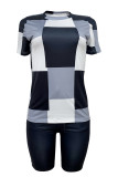 Black Casual Print Pocket Patchwork O Neck Short Sleeve Two Pieces
