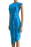 Blue Elegant Solid Color Patchwork Stringy Selvedge O Neck Irregular Dresses