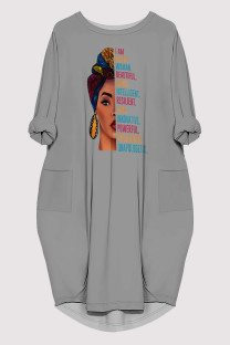 Grey Casual Figure Print Pocket O Neck Printed Dresses
