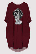 Burgundy Casual Figure Print Pocket O Neck Printed Dresses