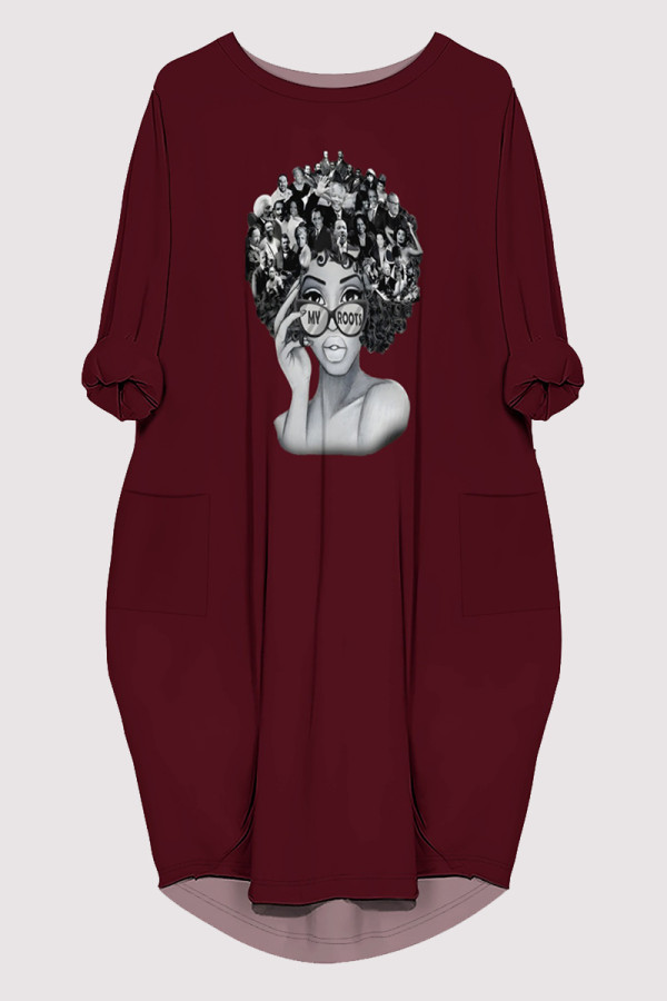 Burgundy Casual Figure Print Pocket O Neck Printed Dresses